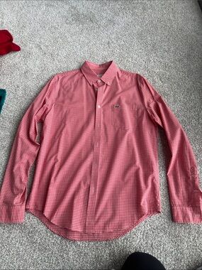 Lacoste Men’s Red Gingham Long-Sleeve Button-Down Shirt